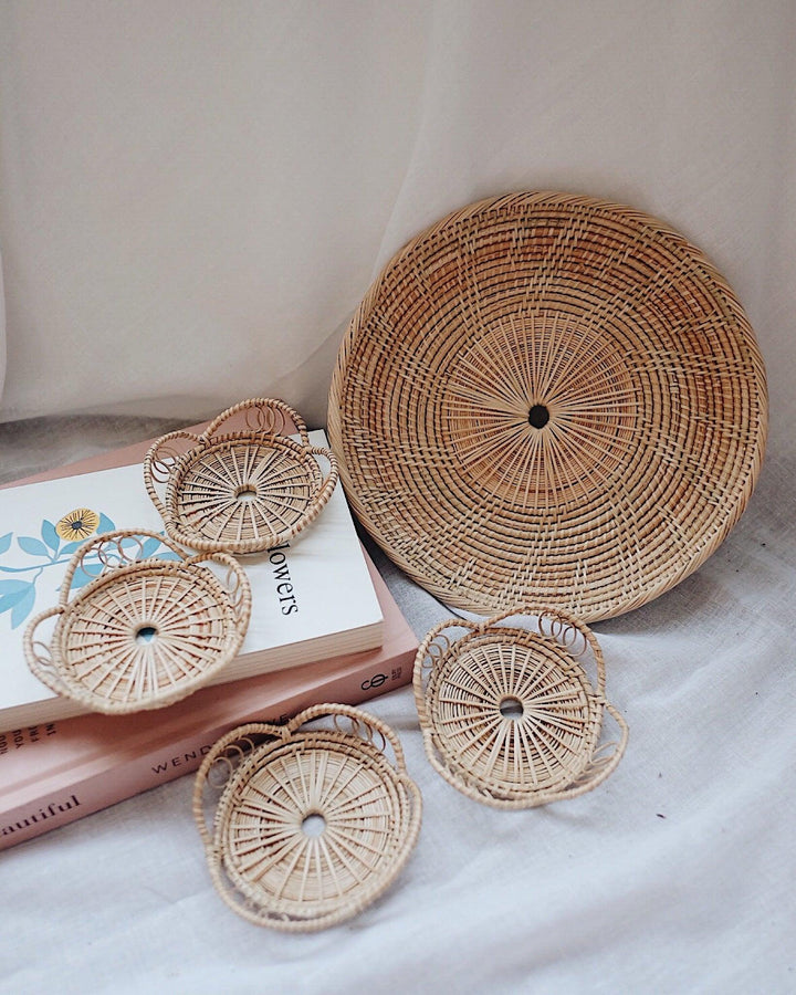 Round Handwoven Rattan Plate & Margarita Rattan Coasters Holiday Set - Save $5