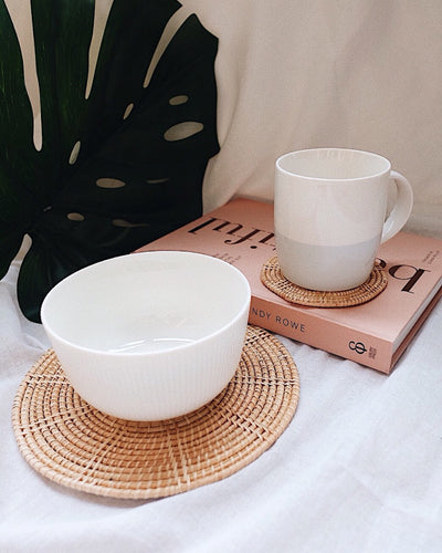 Hand woven rattan placemats and coasters - Olive and Iris