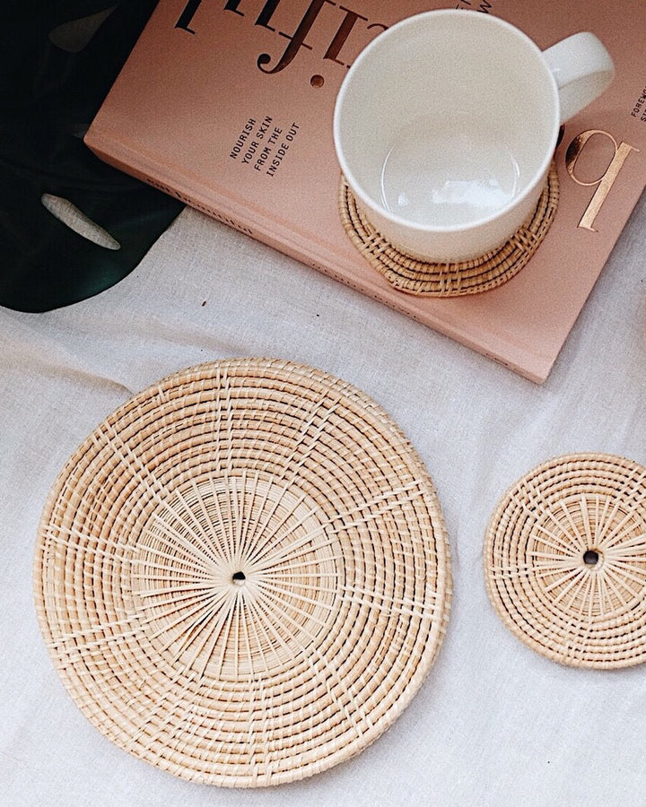 Hand woven rattan coasters - Olive and Iris
