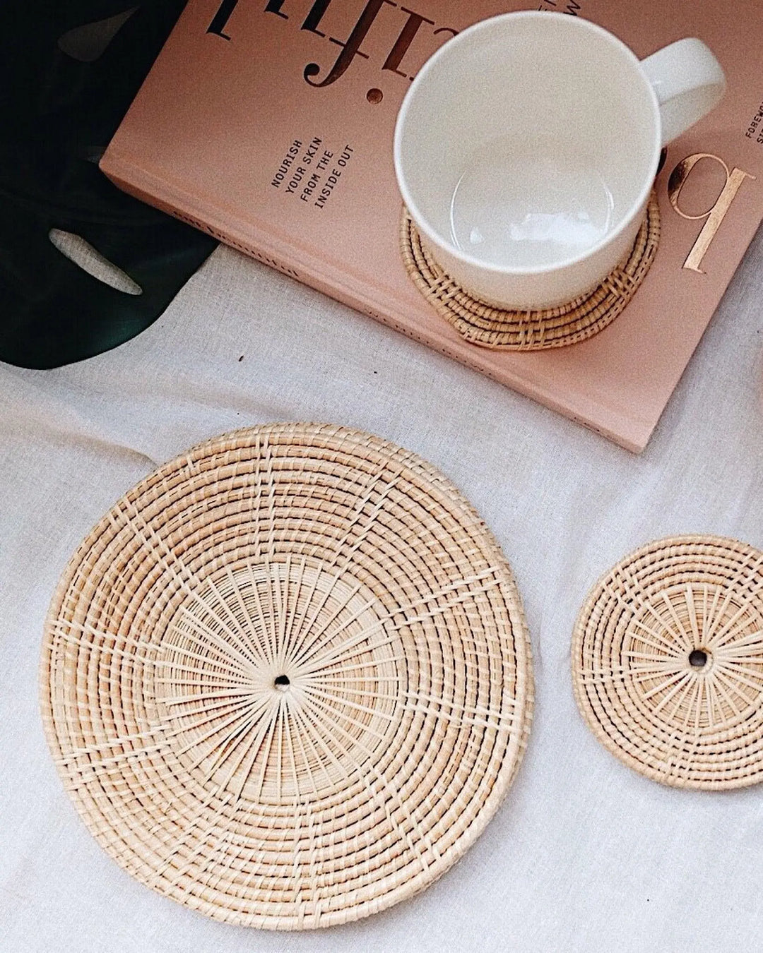 Hand woven rattan coasters - Olive and Iris